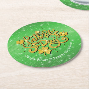 Posavasos Redondo De Papel Su Nombre Mensaje St Patricks Day Gold Shamrock