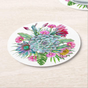 Posavasos Redondo De Papel Suculentos Echeveria Cactus Flores