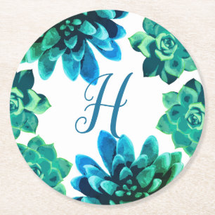 Posavasos Redondo De Papel Suculentos verdes azules   Monograma