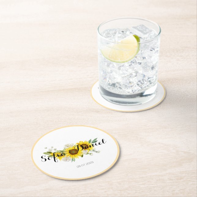 Posavasos Redondo De Papel Sunflower watercolor white rose wedding  (In situ)