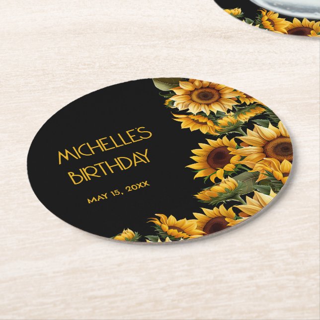 Posavasos Redondo De Papel Sunflowers Black Rustic Elegant Name Cumpleaños (En perspectiva)