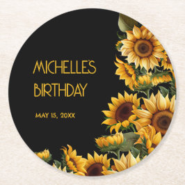 Posavasos Redondo De Papel Sunflowers Black Rustic Elegant Name Cumpleaños