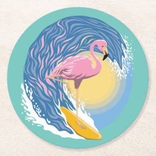 Posavasos Redondo De Papel Surfing Flamingo Graphic Ilustracion