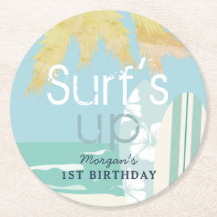 Posavasos Redondo De Papel Surf's Up Boy Surfboard Beach 1er cumpleaños