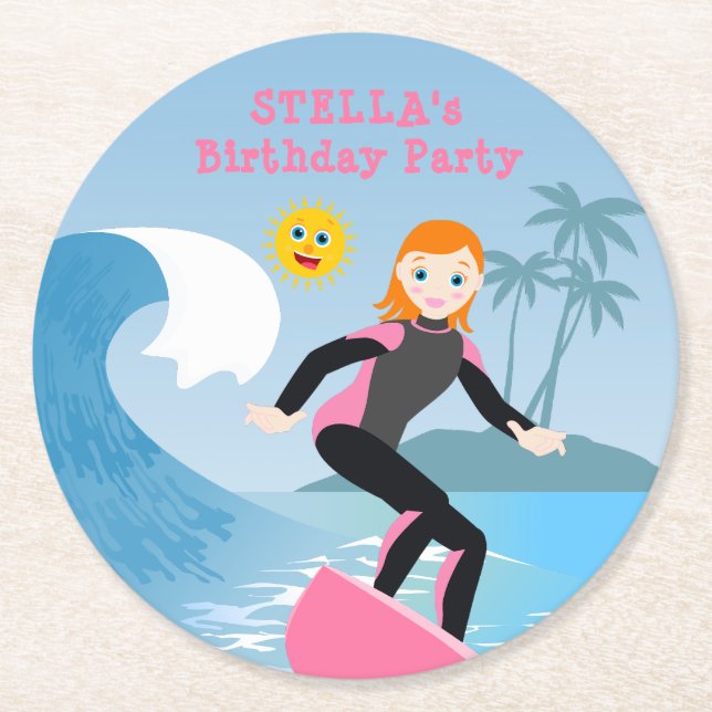 Posavasos Redondo De Papel Surf's up Girly Birthday Party (Anverso)
