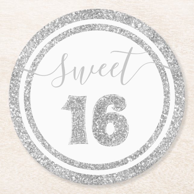 Posavasos Redondo De Papel Sweet 16 Silver Faux Purpurina Stripe Birthday Par (Anverso)