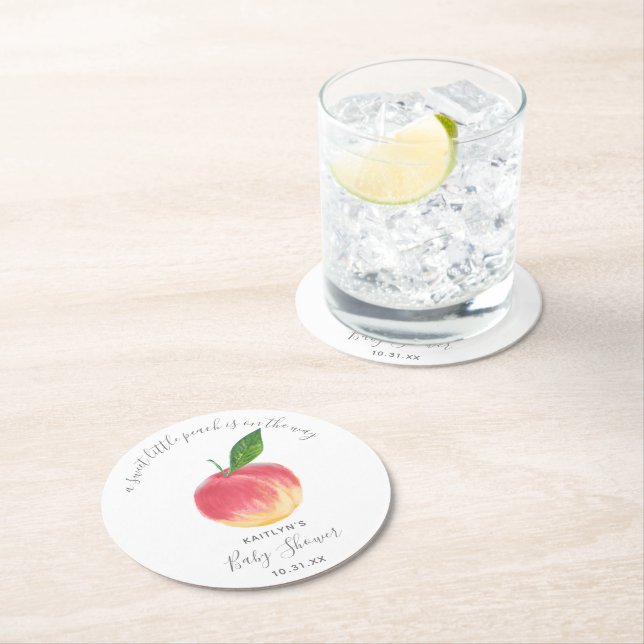 Posavasos Redondo De Papel Sweet Little Peach Baby Shower (In situ)