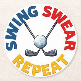 Posavasos Redondo De Papel Swing, Swear, Repeat: Funny Golf Design