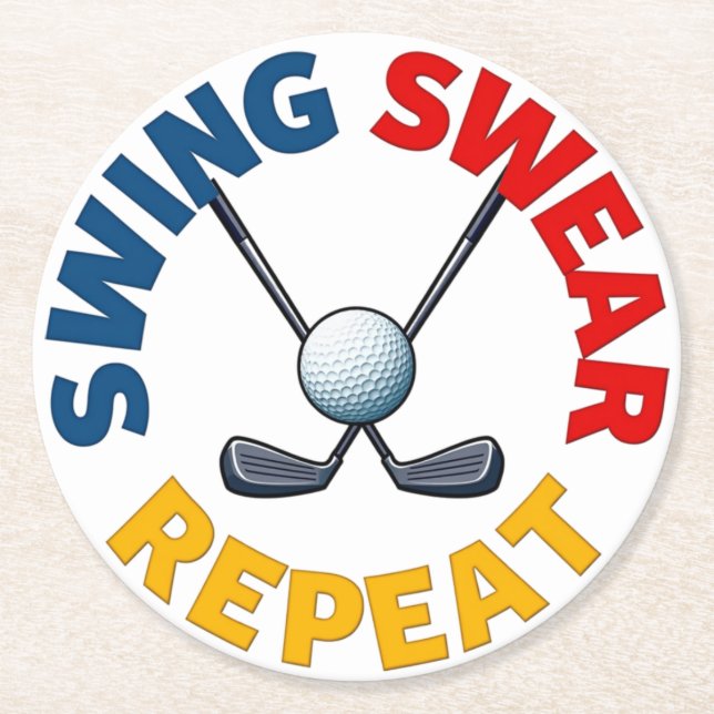 Posavasos Redondo De Papel Swing, Swear, Repeat: Funny Golf Design (Anverso)