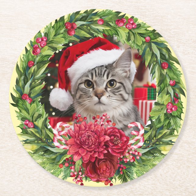 Posavasos Redondo De Papel Tabby Christmas Wreath Coaster (Anverso)