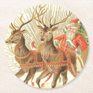 Posavasos Redondo De Papel Tarjeta postal de Navidad vintage, Santa con renos