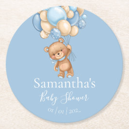 Posavasos Redondo De Papel Teddy Bear Balloon Baño Azul ducha de bebé