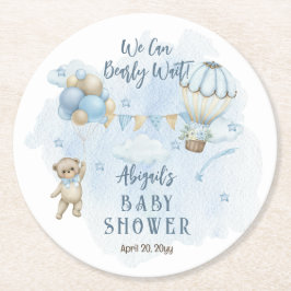 Posavasos Redondo De Papel Teddy Bear Balloons Boy Bearly Wait Baby Shower