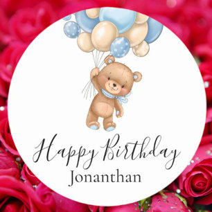 Posavasos Redondo De Papel Teddy Bear Blue Balloons Feliz cumpleaños