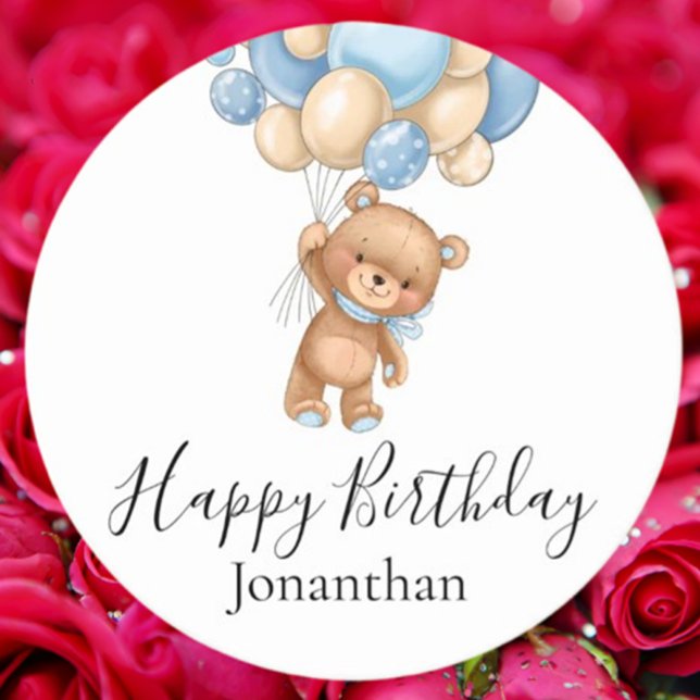 Posavasos Redondo De Papel Teddy Bear Blue Balloons Feliz cumpleaños (Celebrate with charm using Teddy Bear Blue Balloons Happy Birthday round paper coasters)