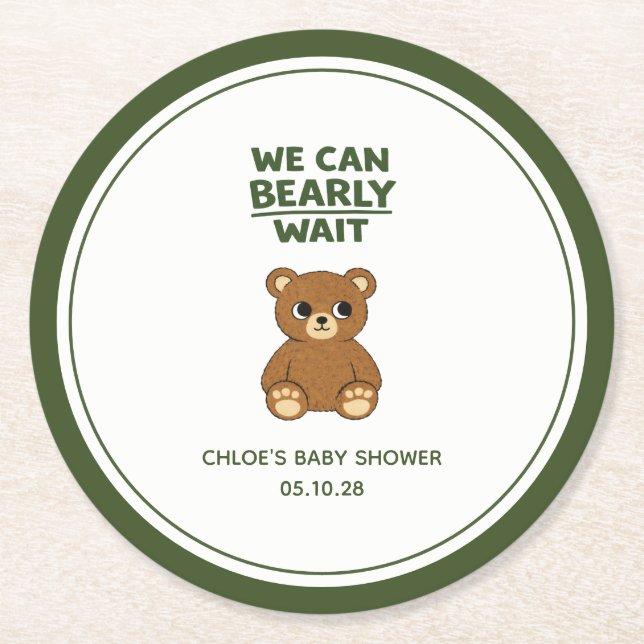 Posavasos Redondo De Papel Teddy Bear Gender Neutral Minimalist Baby Shower (Anverso)