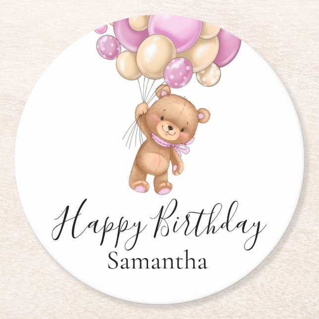 Posavasos Redondo De Papel Teddy Bear Globos Chica Rosa Feliz Cumpleaños (Anverso)