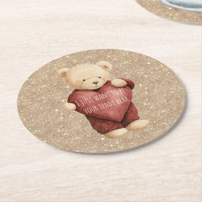 Posavasos Redondo De Papel Teddy Bear Red Heart Gold Glitter (En perspectiva)