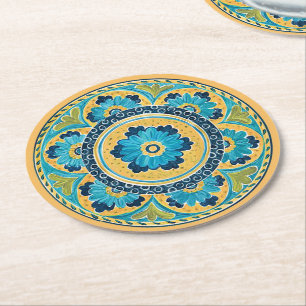 Posavasos Redondo De Papel Teja mexicana floral azul