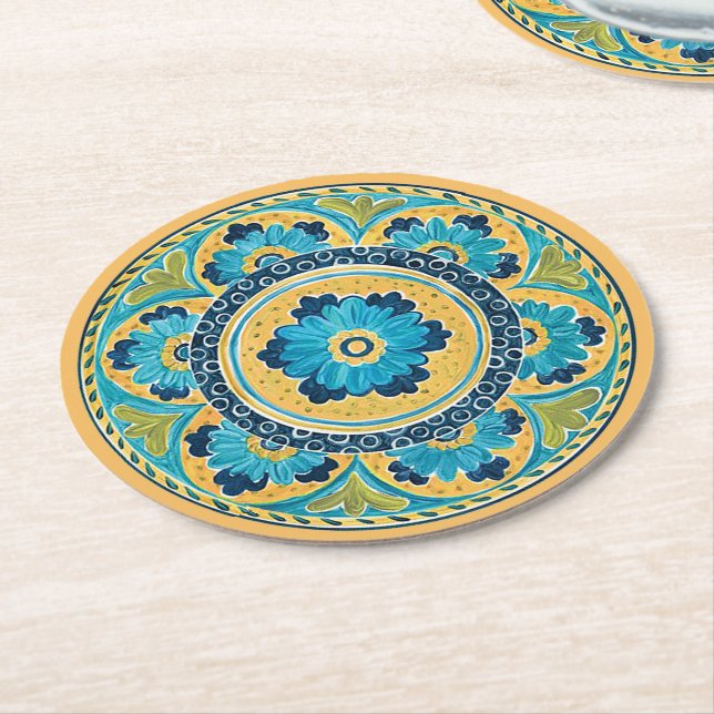 Posavasos Redondo De Papel Teja mexicana floral azul (En perspectiva)