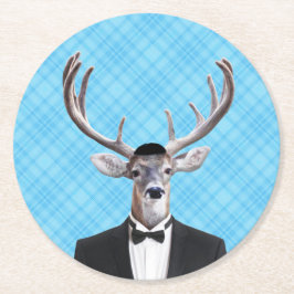 Posavasos Redondo De Papel Tela escocesa feliz del azul de los ciervos de