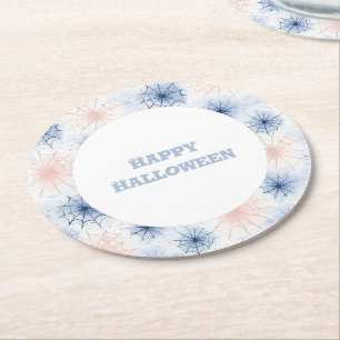 Posavasos Redondo De Papel Telas de araña de Halloween azules rosadas