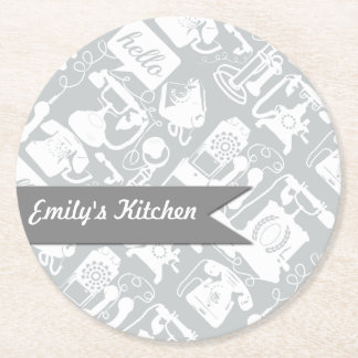 Posavasos Redondo De Papel Teléfono retro gris y personalizado