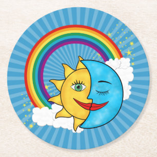 Posavasos Redondo De Papel Tema celestial Sol Luna Arcoíris