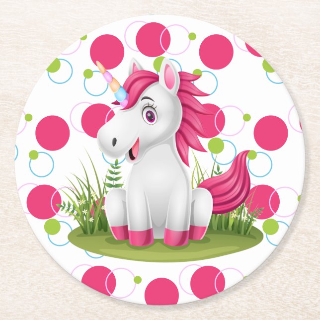 Posavasos Redondo De Papel Tema de cumpleaños de Unicorn (Anverso)