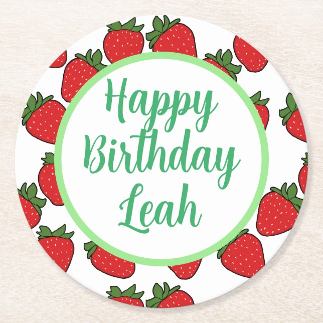 Posavasos Redondo De Papel Tema de la fiesta de cumpleaños de fresa (Anverso)
