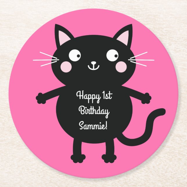 Posavasos Redondo De Papel Tema de la fiesta de cumpleaños del gato lindo Kit (Anverso)