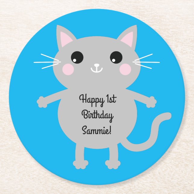 Posavasos Redondo De Papel Tema de la fiesta de cumpleaños del gato lindo Kit (Anverso)