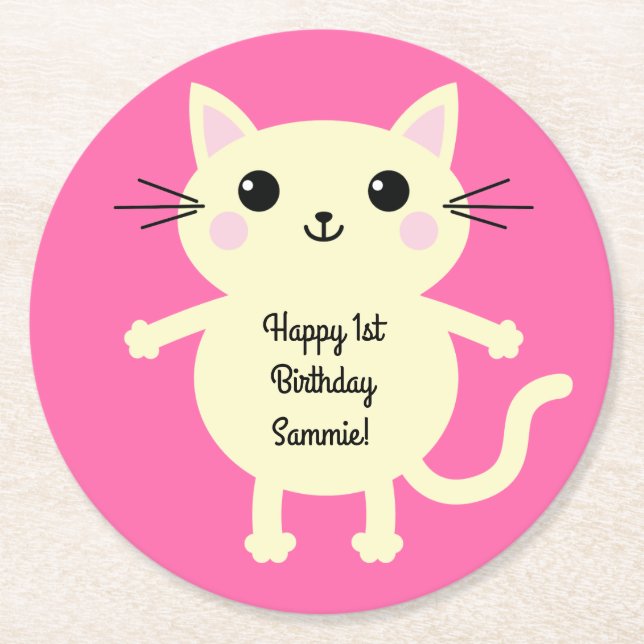Posavasos Redondo De Papel Tema de la fiesta de cumpleaños del gato lindo Kit (Anverso)
