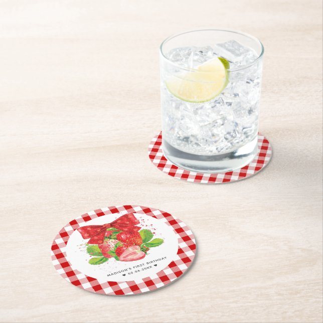 Posavasos Redondo De Papel Tema personalizado de fresa verano cumpleaños (In situ)