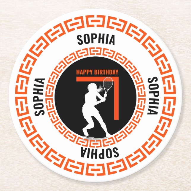 Posavasos Redondo De Papel Tennis Birthday, Tennis Girl Player  (Anverso)
