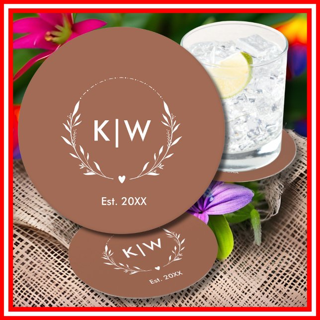 Posavasos Redondo De Papel Terracota y blanco | Monograma de Iniciales Modern (Terracotta and White | Modern Initials Monogram Round Paper Coaster)