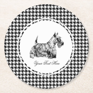 Posavasos Redondo De Papel Terrier Escocés y Houndstooth Personalizado