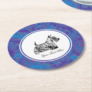 Posavasos Redondo De Papel Terrier Escocés y Paisley Personalizado