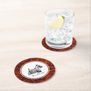 Posavasos Redondo De Papel Terrier Escocés y Patrón de Burl Personalizado