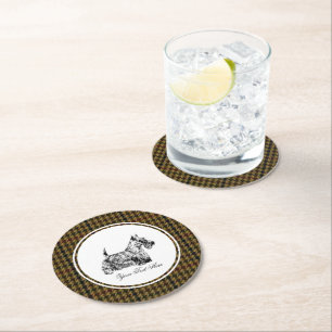 Posavasos Redondo De Papel Terrier Escocés y Patrón de Tweed Personalizado