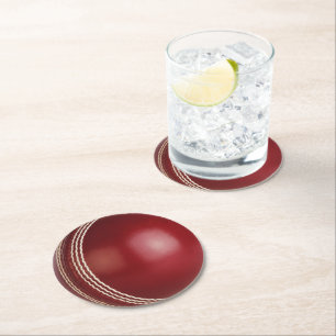 Posavasos Redondo De Papel Test Match Red Cricket Ball con texto Personalizad