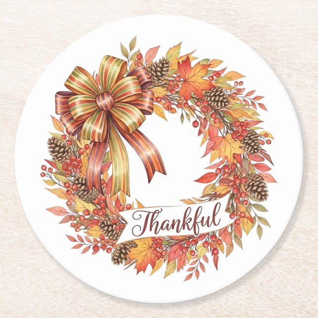 Posavasos Redondo De Papel Thankful Wreath (Anverso)