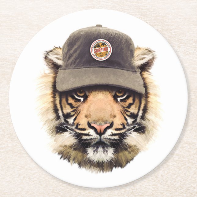 Posavasos Redondo De Papel Tigre que practica surf (Anverso)