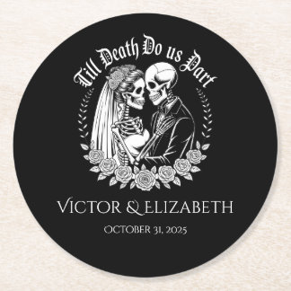 Posavasos Redondo De Papel Till Death Gothic Skeleton Couple Black Wedding