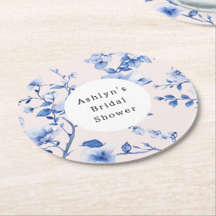 Posavasos Redondo De Papel Tinte Romántico Azul Floral Ducha de Novia