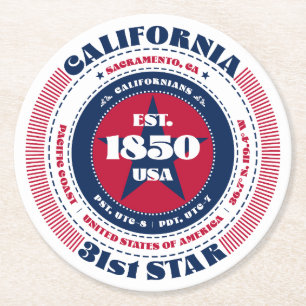 Posavasos Redondo De Papel Tipografía azul blanca roja de California