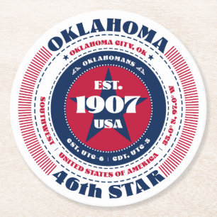 Posavasos Redondo De Papel Tipografía azul blanca roja de Oklahoma