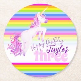 Posavasos Redondo De Papel Toros de fiesta de tercer cumpleaños de arco iris 