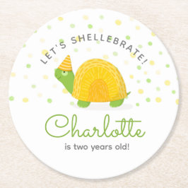 Posavasos Redondo De Papel Tortuga, amarillo verde, cumpleaños de un niño