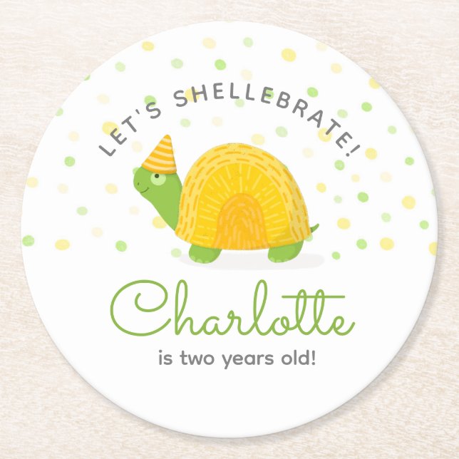 Posavasos Redondo De Papel Tortuga, amarillo verde, cumpleaños de un niño (Anverso)